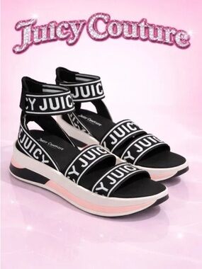 NWT! Juicy Couture Black and Pink Logo Strap Sandals